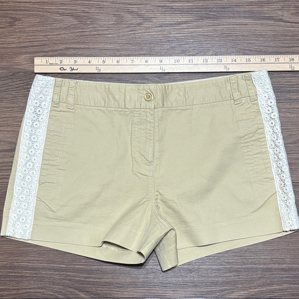 Tory Burch Tan Shorts White Lace Side Panels High Waist Size 8 Summer Chic - Picture 4 of 6